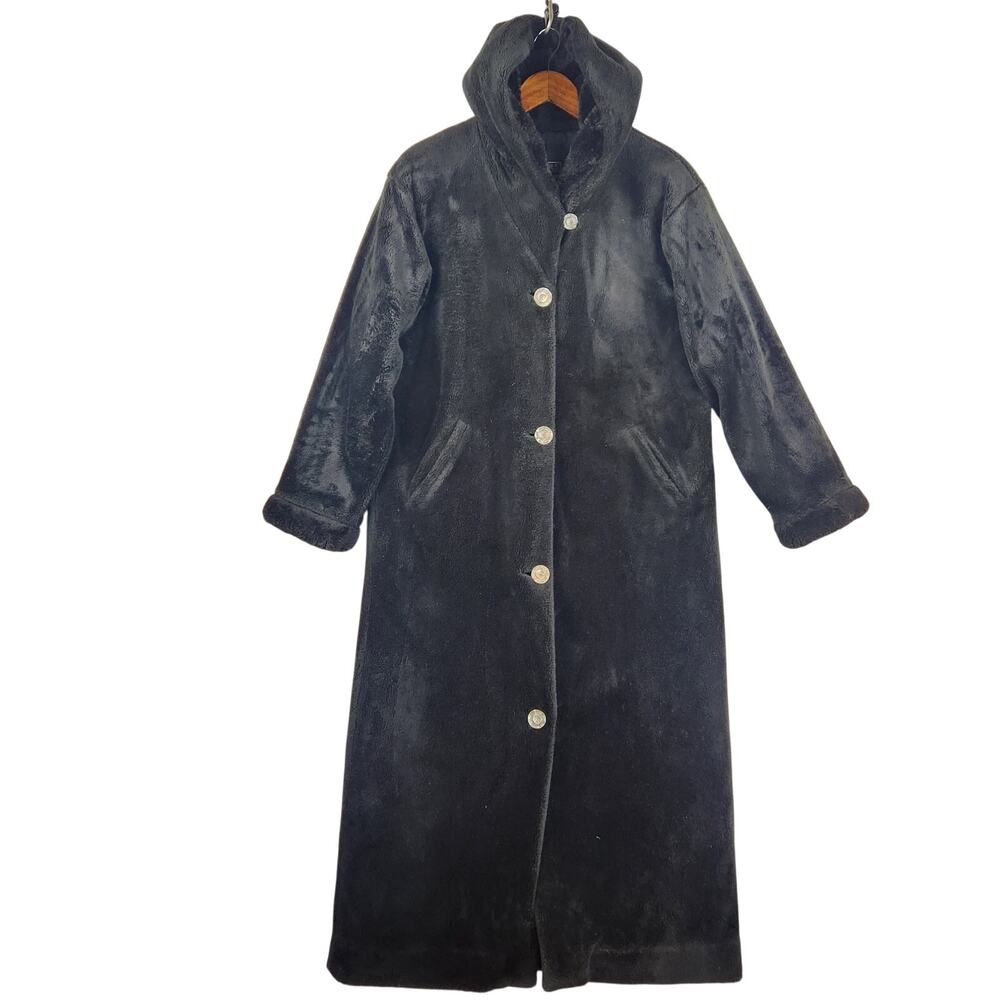 NILS Vintage Hooded Fleece Coat Women’s SZ M Black Long Button Front Lined EUC